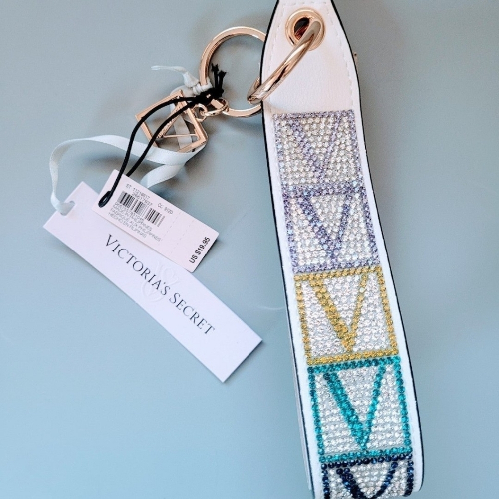 NWT Victoria’s Secret White Rhinestones Wristlet Strap Keychain VS